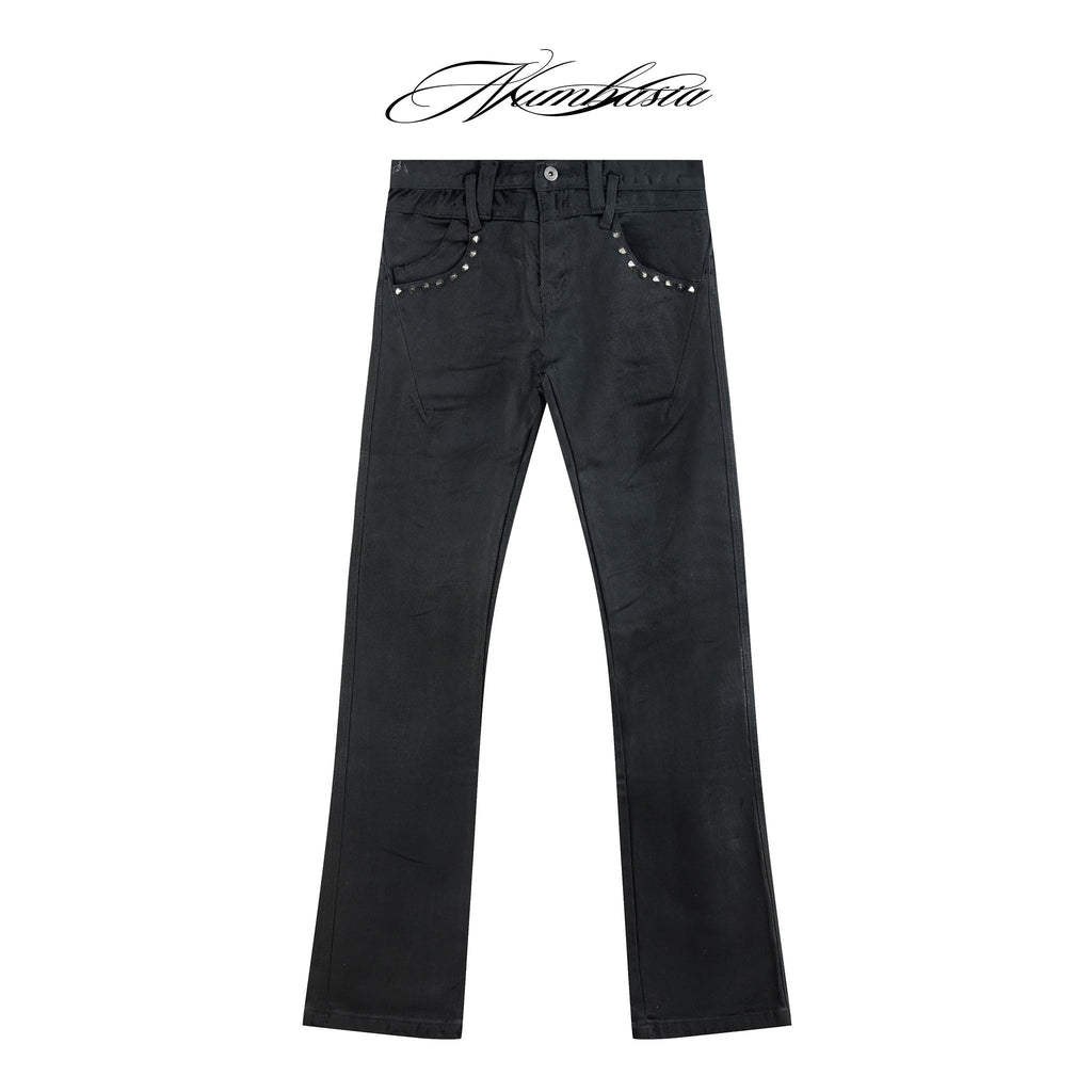 NUMBASIA Waxed Studded Low-Rise Flared Jeans — NA0045
