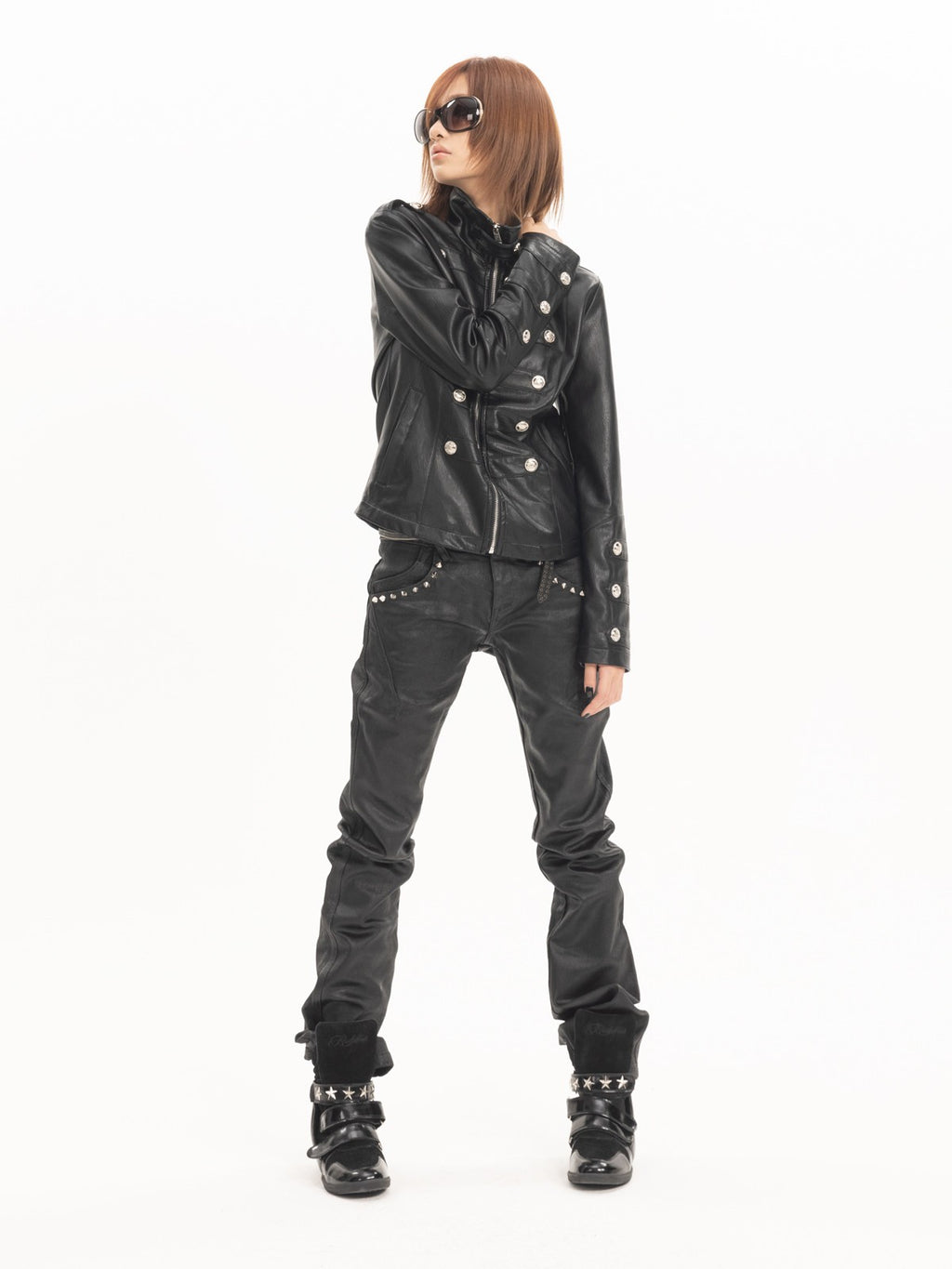 NUMBASIA Waxed Studded Low-Rise Flared Jeans — NA0045