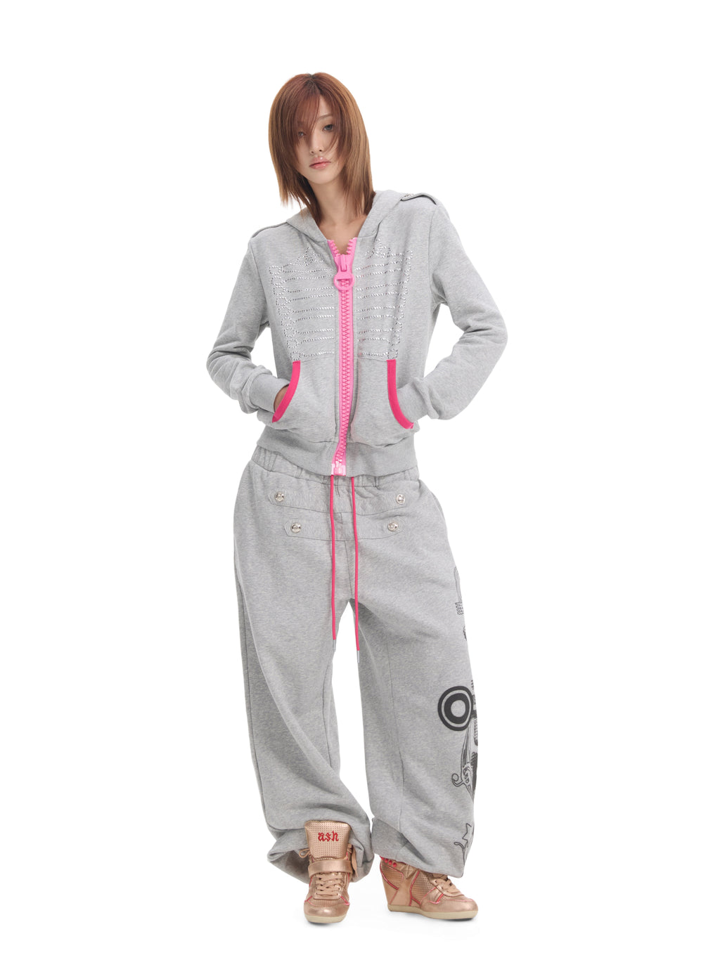 NUMBASIA Baroque Detail Oversized Pink Zip Hoodie — NA0064