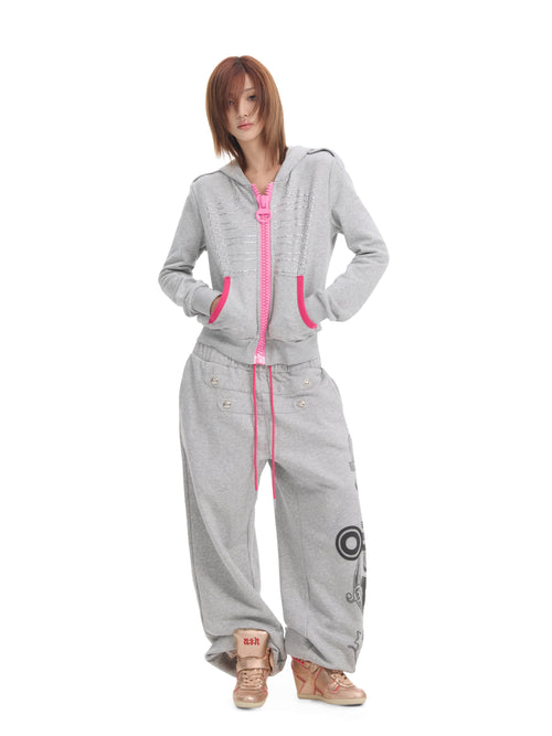 NUMBASIA Baroque Detail Oversized Pink Zip Hoodie — NA0064