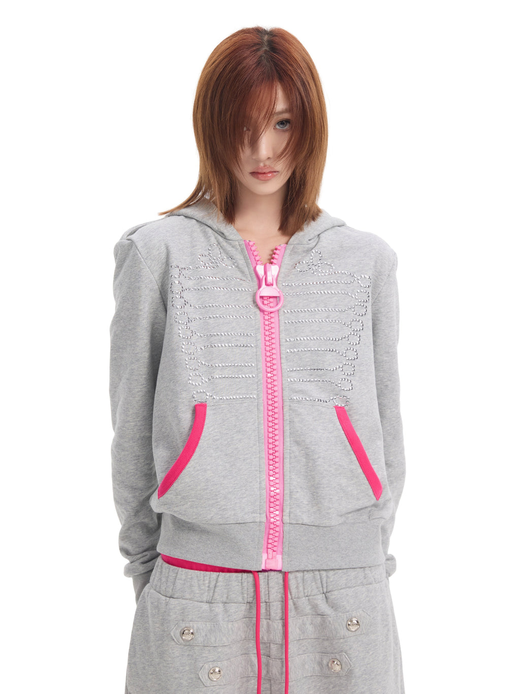 NUMBASIA Baroque Detail Oversized Pink Zip Hoodie — NA0064
