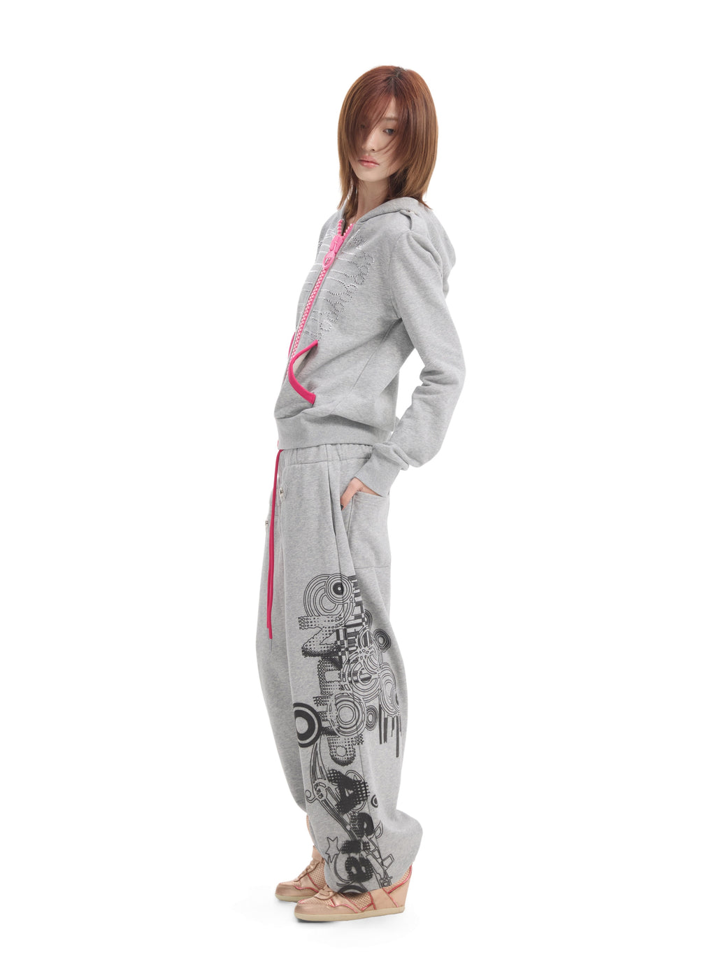NUMBASIA Baroque Detail Oversized Pink Zip Hoodie — NA0064
