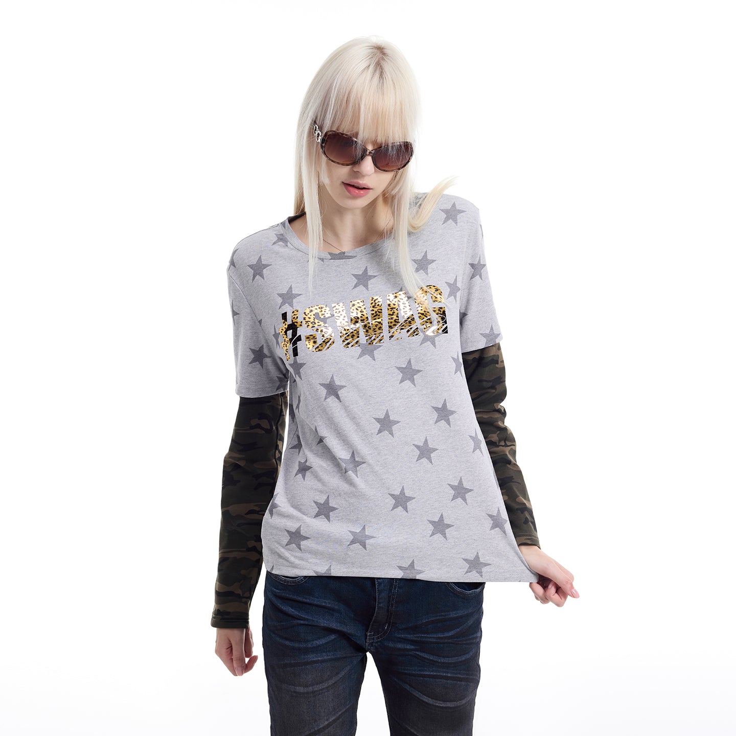 NUMBASIA SWAG Star Camo Layered-Look Long Sleeve T-Shirt — NA0065