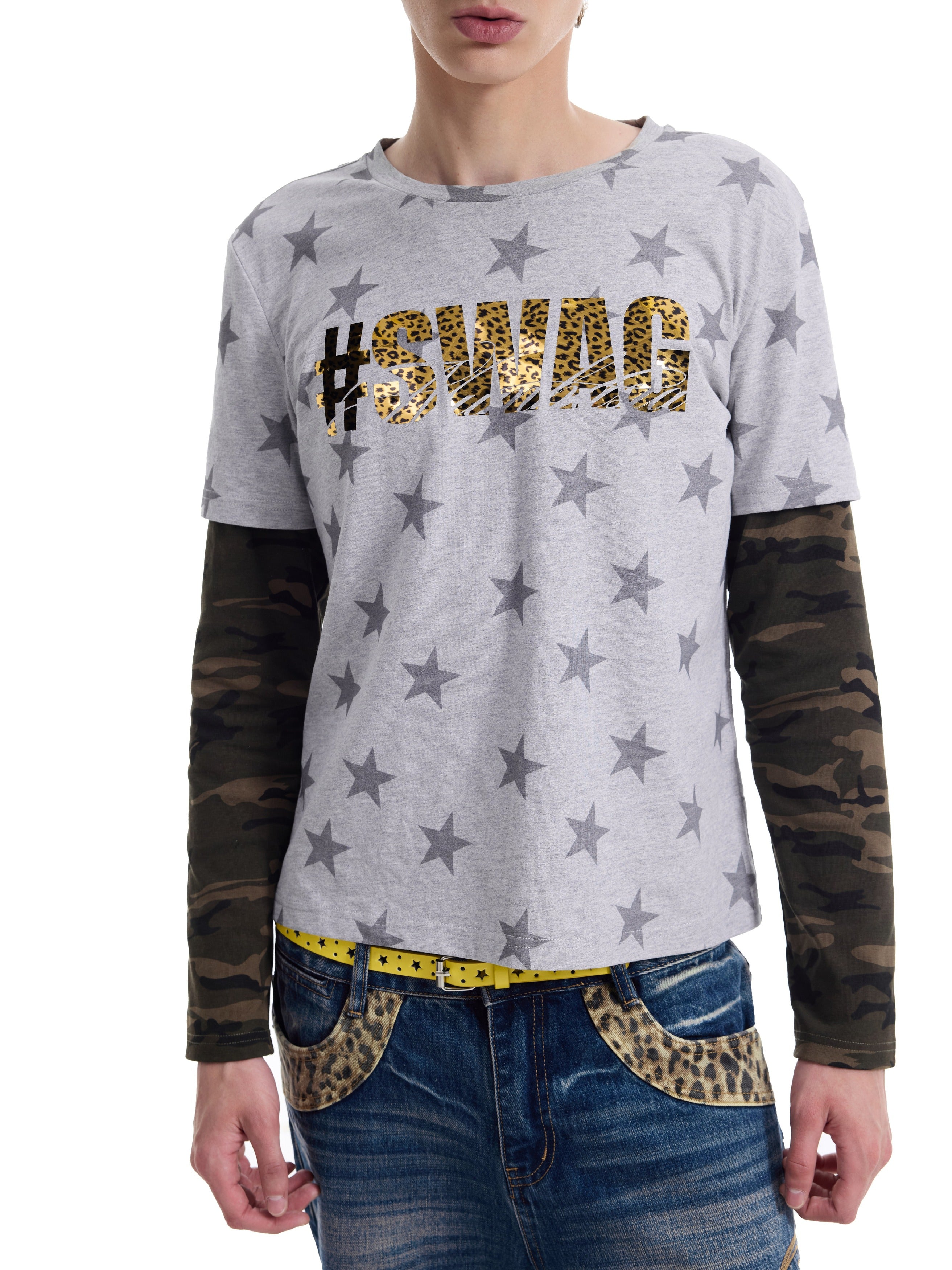 NUMBASIA SWAG Star Camo Layered-Look Long Sleeve T-Shirt — NA0065