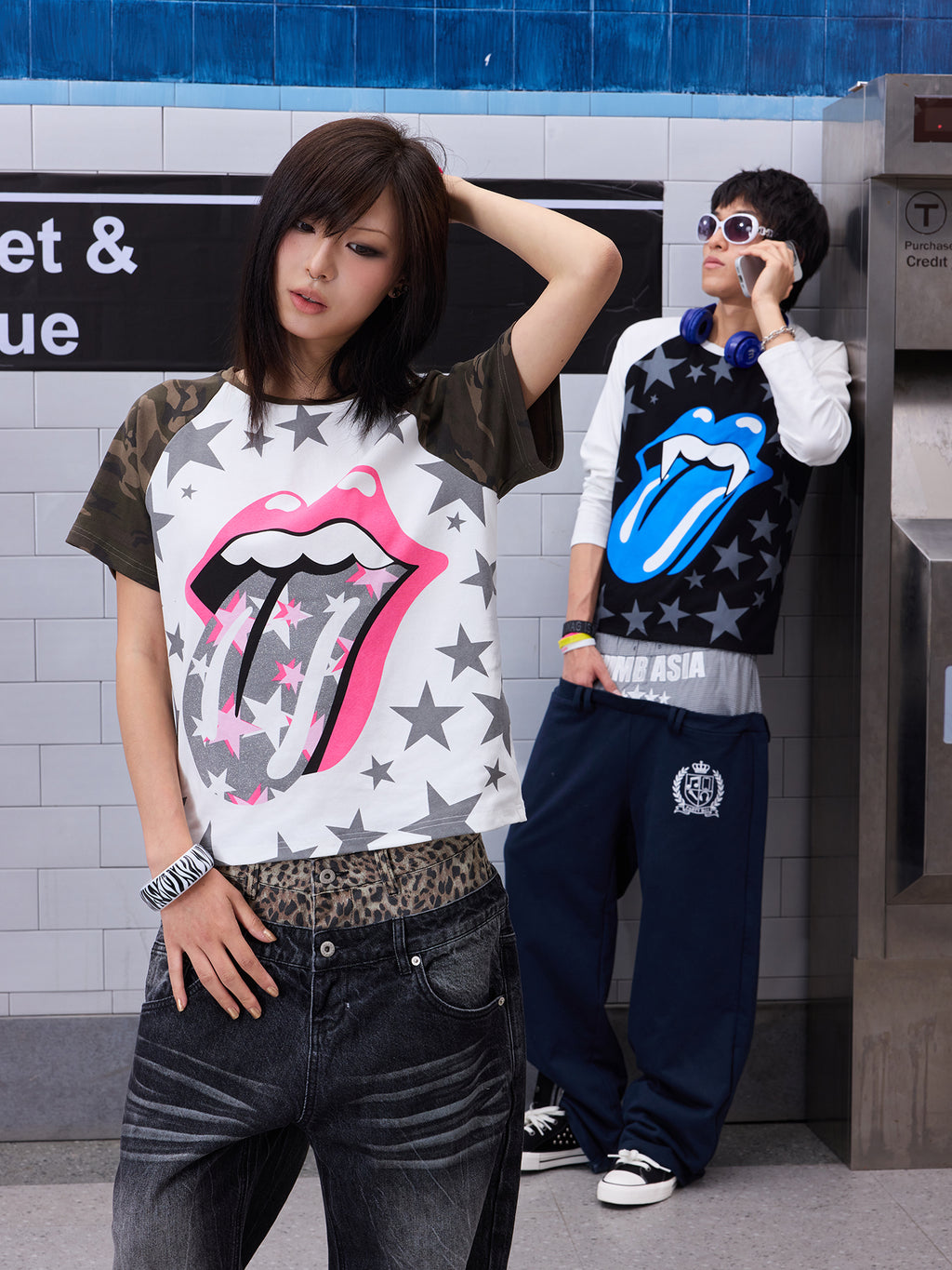NUMBASIA Pink Tongue and Star Camo Raglan T-Shirt — NA0070