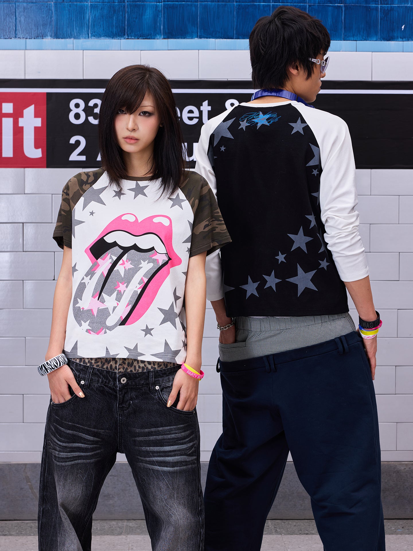 NUMBASIA Pink Tongue and Star Camo Raglan T-Shirt — NA0070