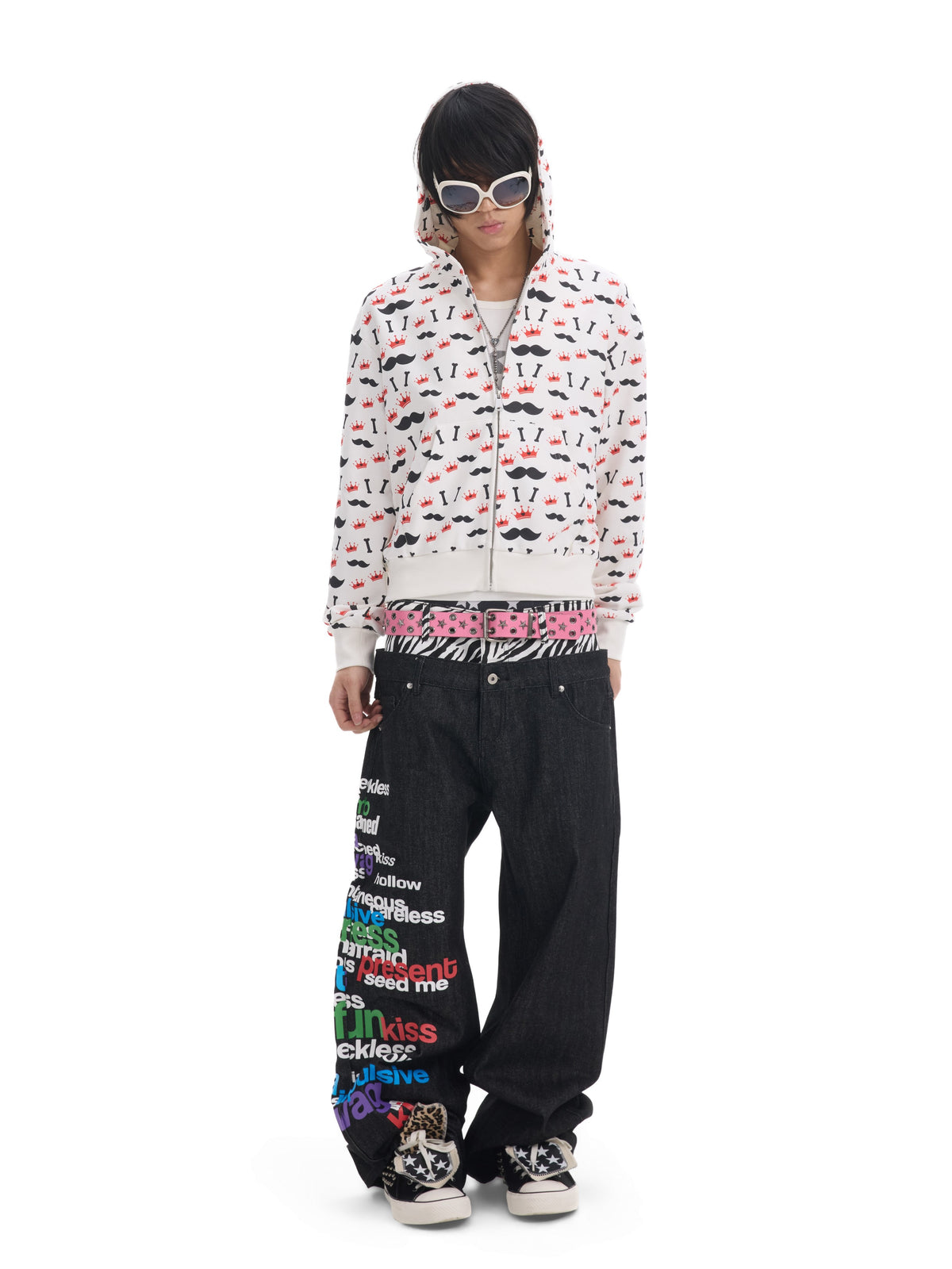 NUMBASIA Multicolor Slogan Zebra Double-Waist Baggy Jeans — NA0071