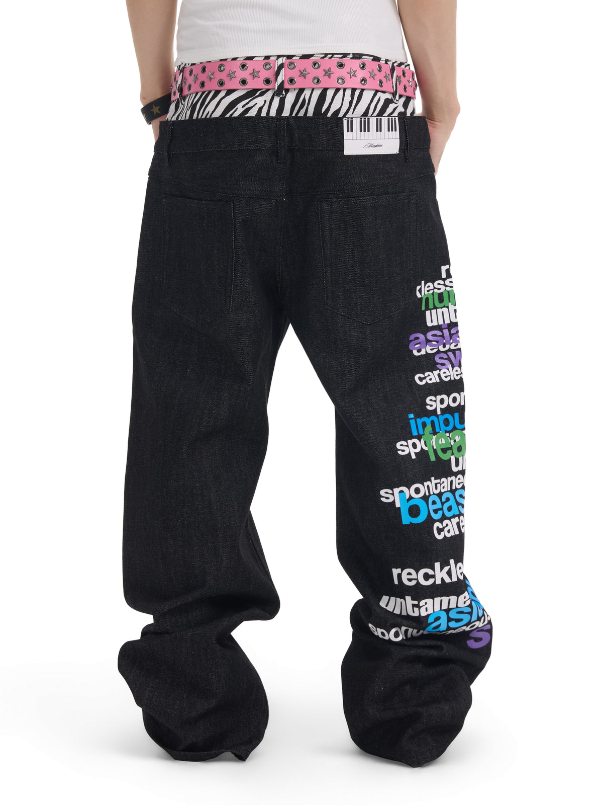 NUMBASIA Multicolor Slogan Zebra Double-Waist Baggy Jeans — NA0071