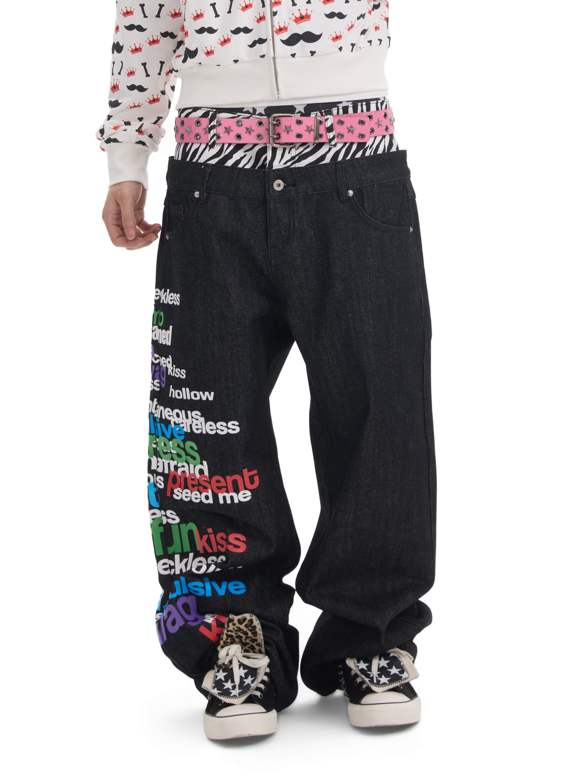 NUMBASIA Multicolor Slogan Zebra Double-Waist Baggy Jeans — NA0071