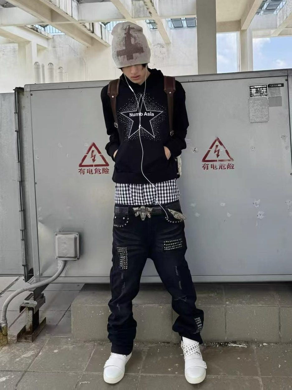 NUMBASIA Allover Rhinestone Star Logo Hoodie — NA0072