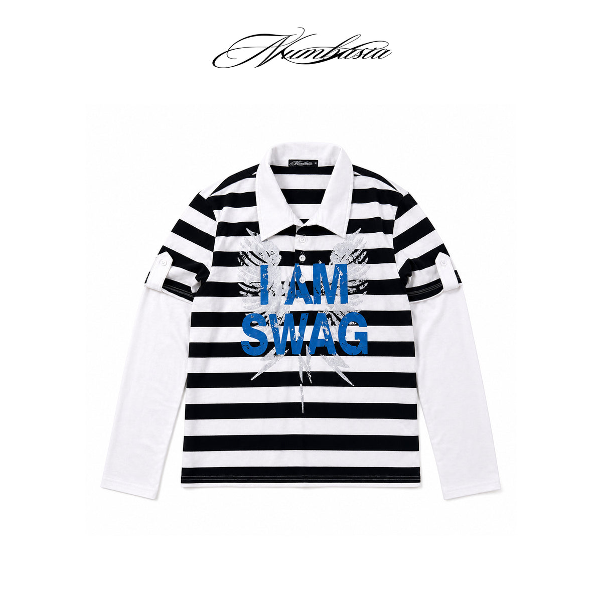 NUMBASIA IAMSWAG Striped Layered-Look Long Sleeve Polo — NA0074