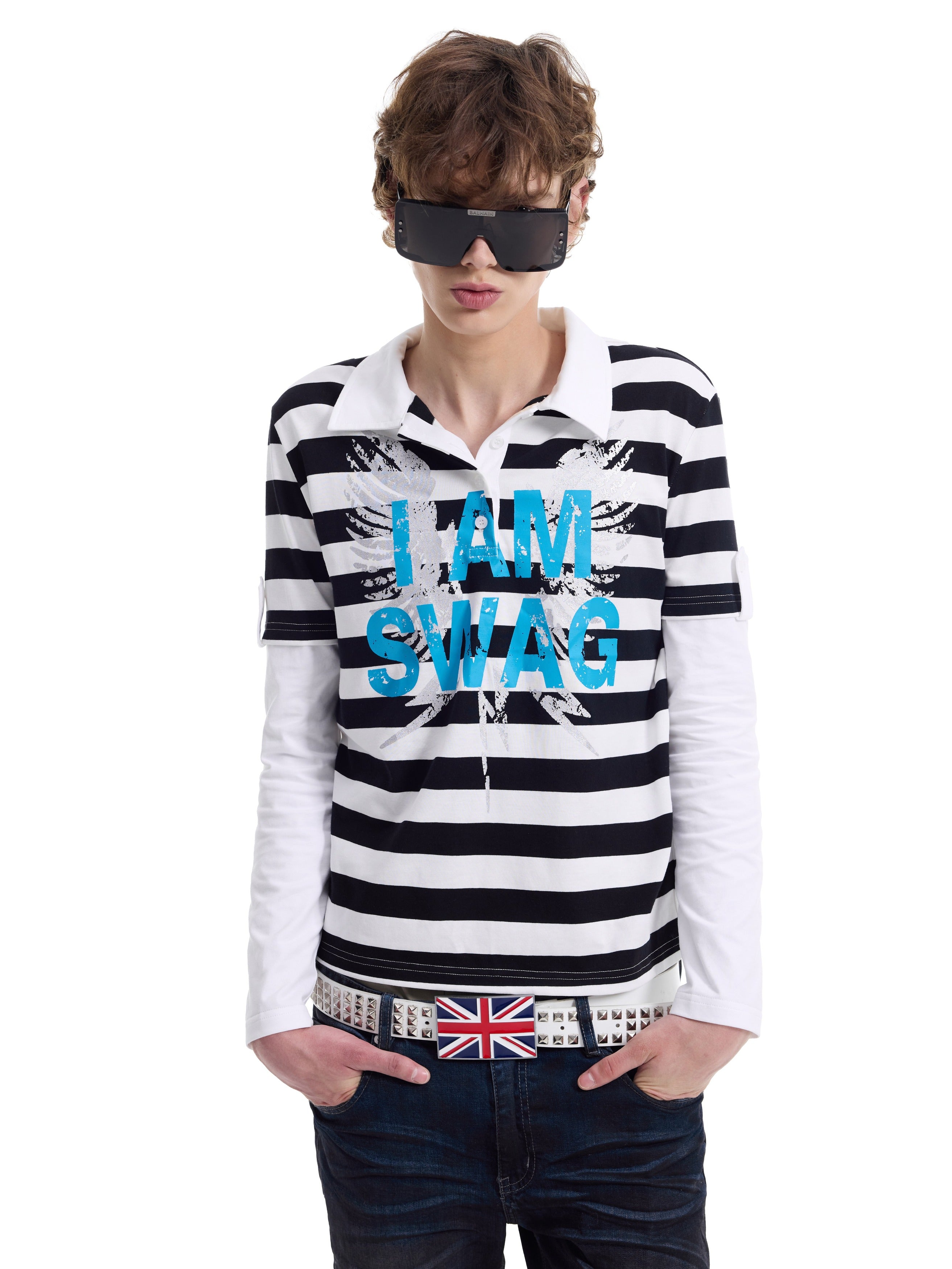 NUMBASIA IAMSWAG Striped Layered-Look Long Sleeve Polo — NA0074