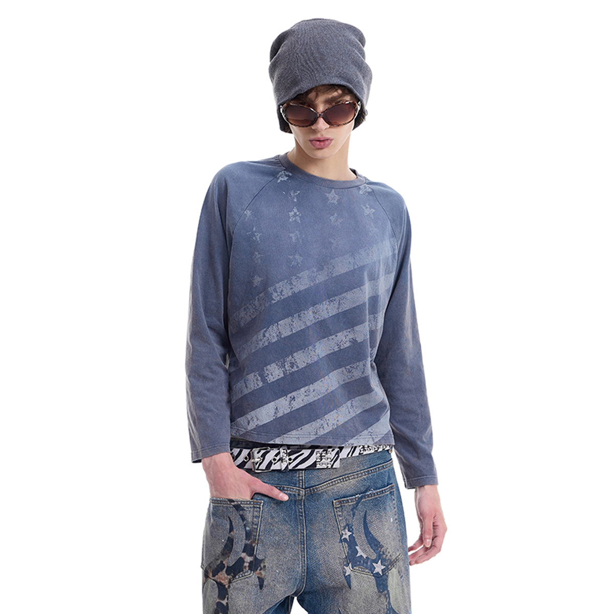 NUMBASIA Faded Star Stripe Raglan Long Sleeve T-Shirt — NA0078