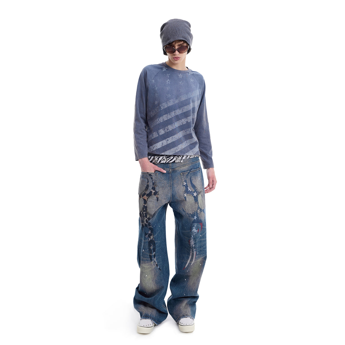 NUMBASIA Faded Star Stripe Raglan Long Sleeve T-Shirt — NA0078