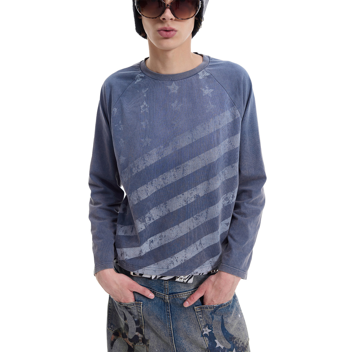 NUMBASIA Faded Star Stripe Raglan Long Sleeve T-Shirt — NA0078