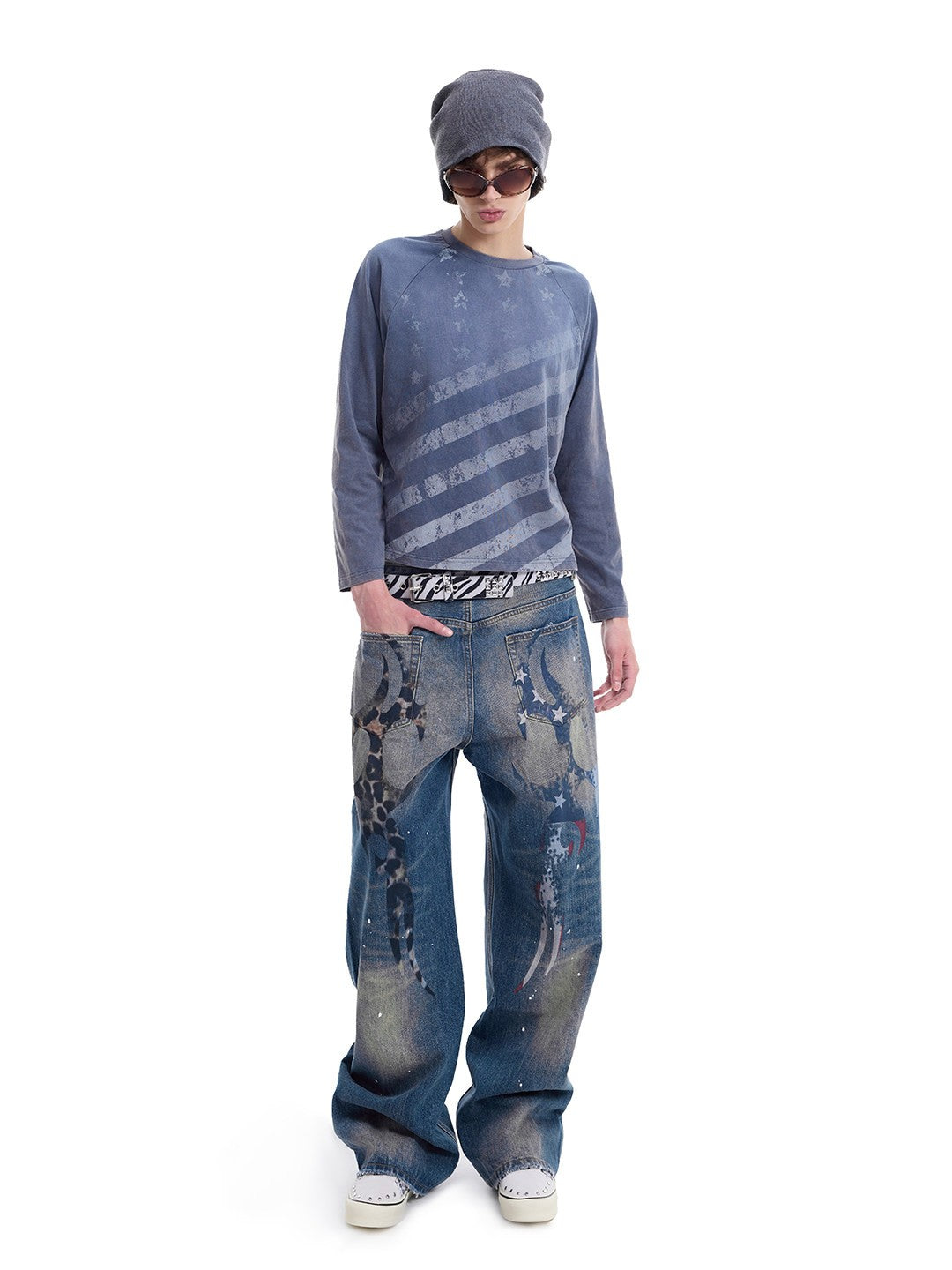 NUMBASIA Faded Star Stripe Raglan Long Sleeve T-Shirt — NA0078