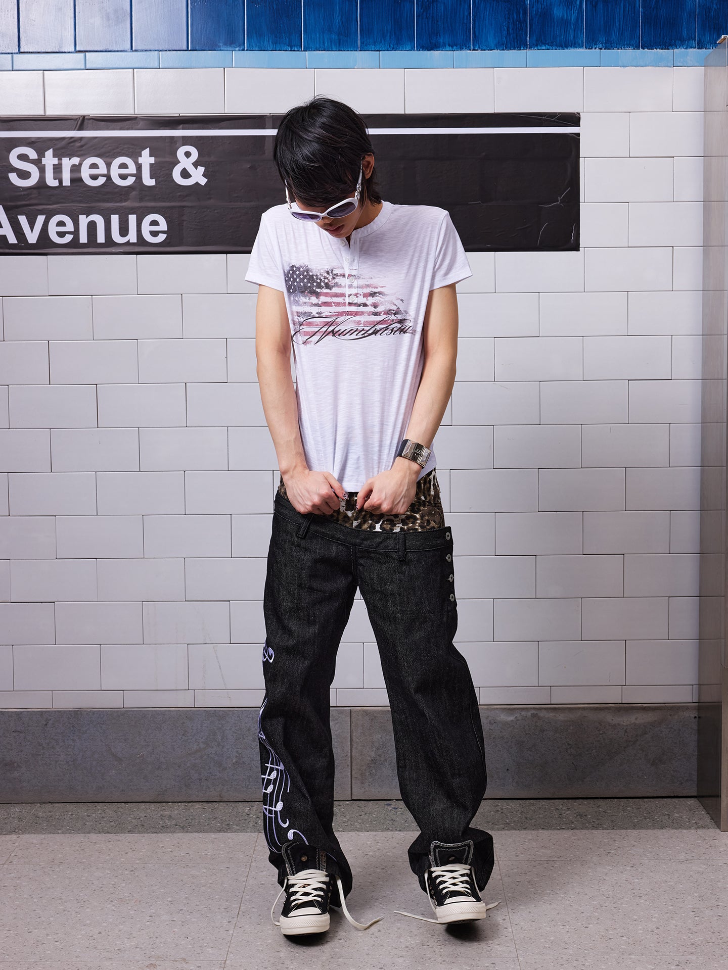 NUMBASIA Distressed Flag Print Slub Henley T-Shirt — NA0081