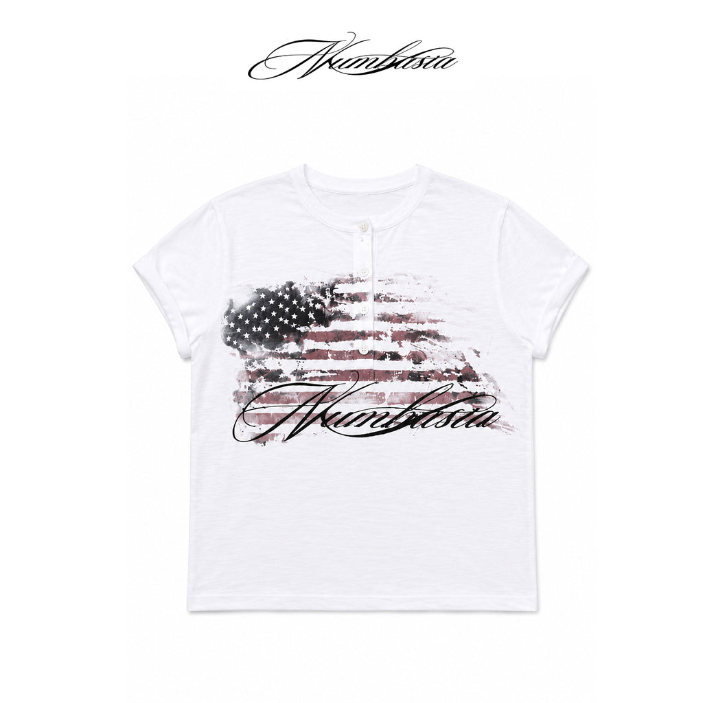 NUMBASIA Distressed Flag Print Slub Henley T-Shirt — white-background product view