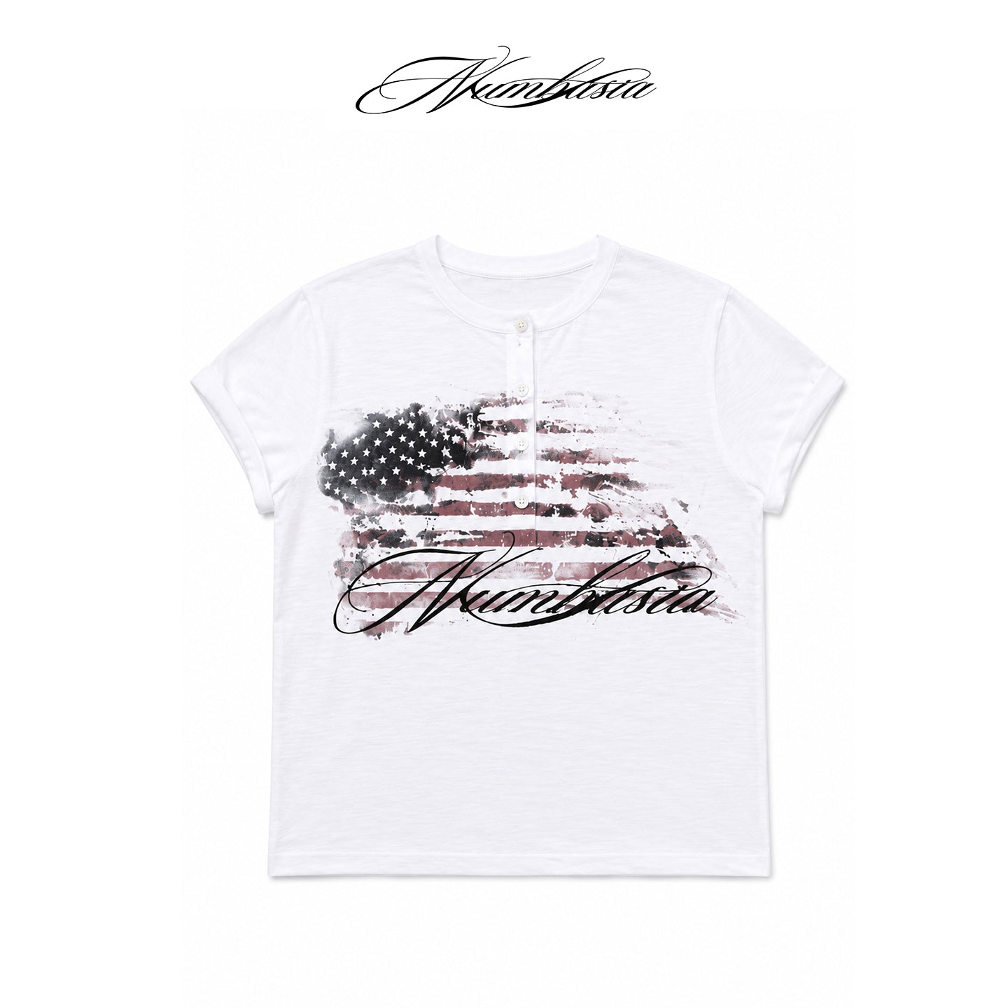 NUMBASIA Distressed Flag Print Slub Henley T-Shirt — white-background product view