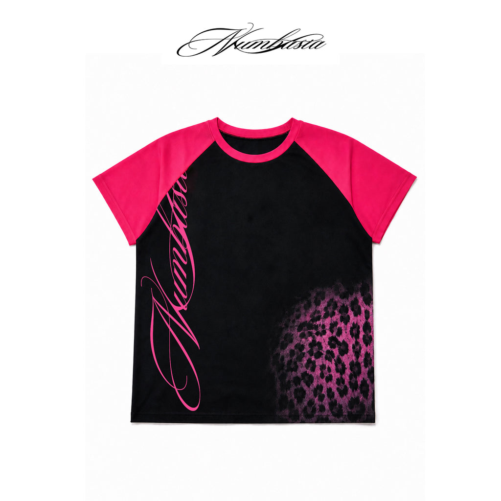 NUMBASIA Leopard Logo Contrast Raglan T-Shirt — white-background product view