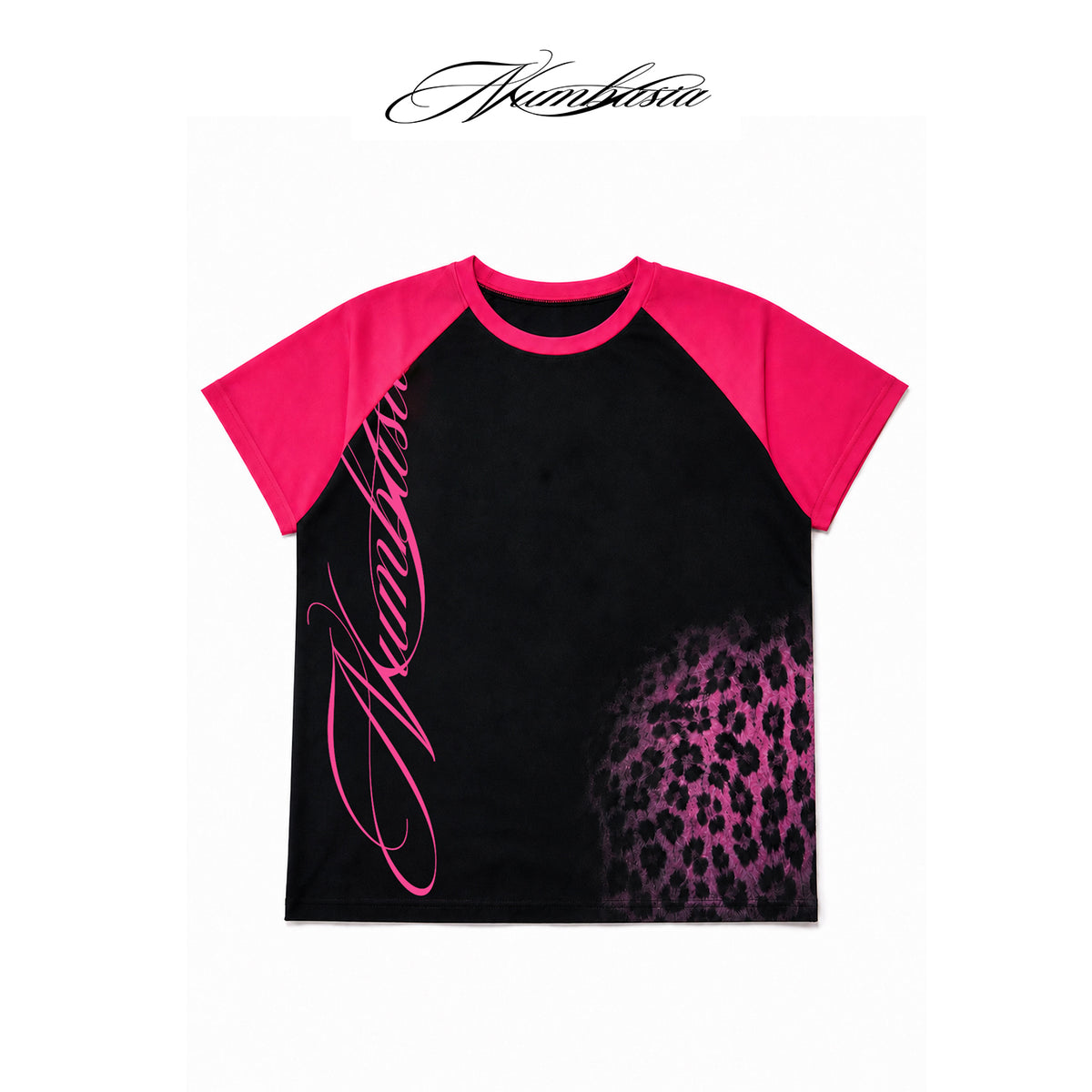 NUMBASIA Leopard Logo Contrast Raglan T-Shirt — white-background product view