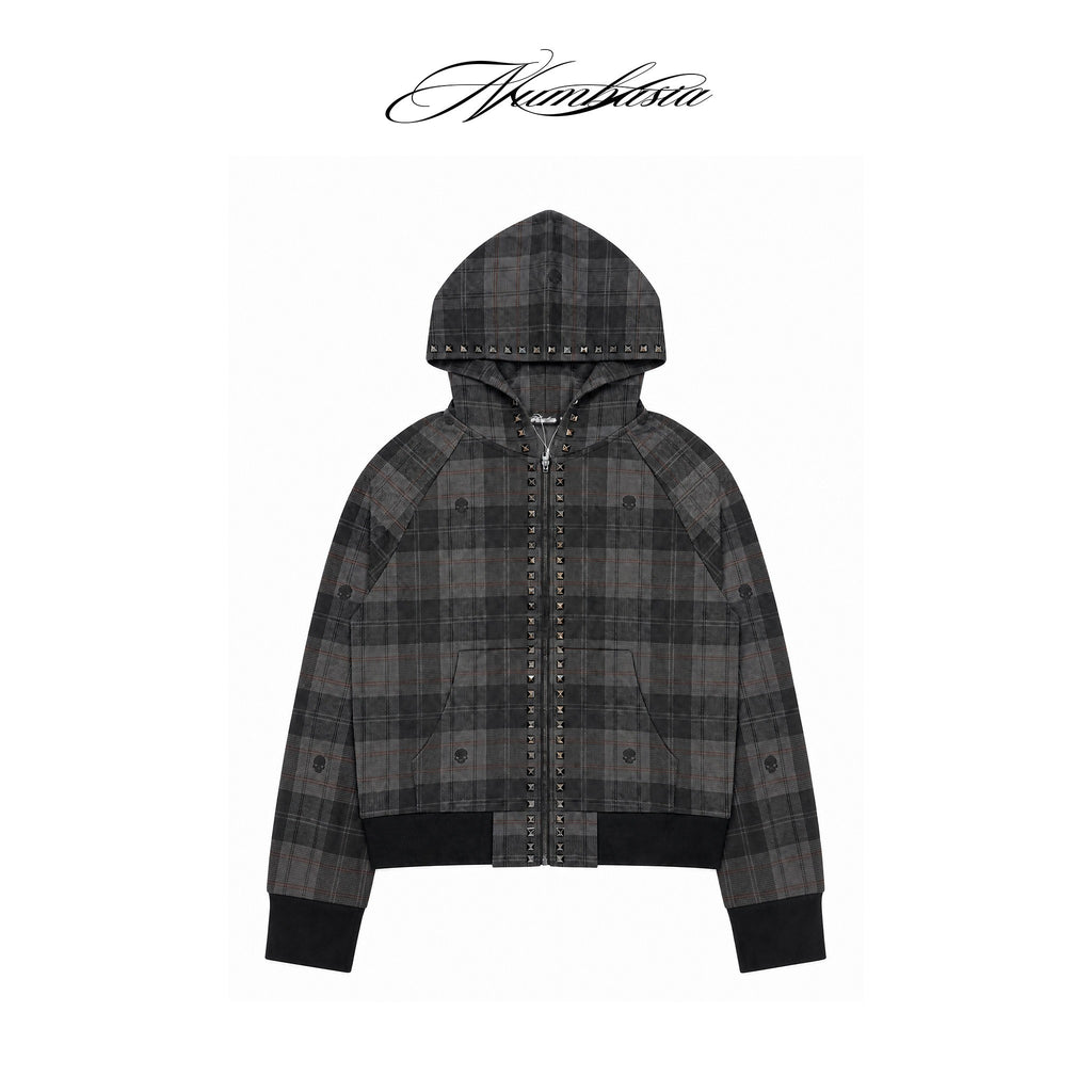 NUMBASIA Skull Plaid Studded Raglan Zip Hoodie — NA0090