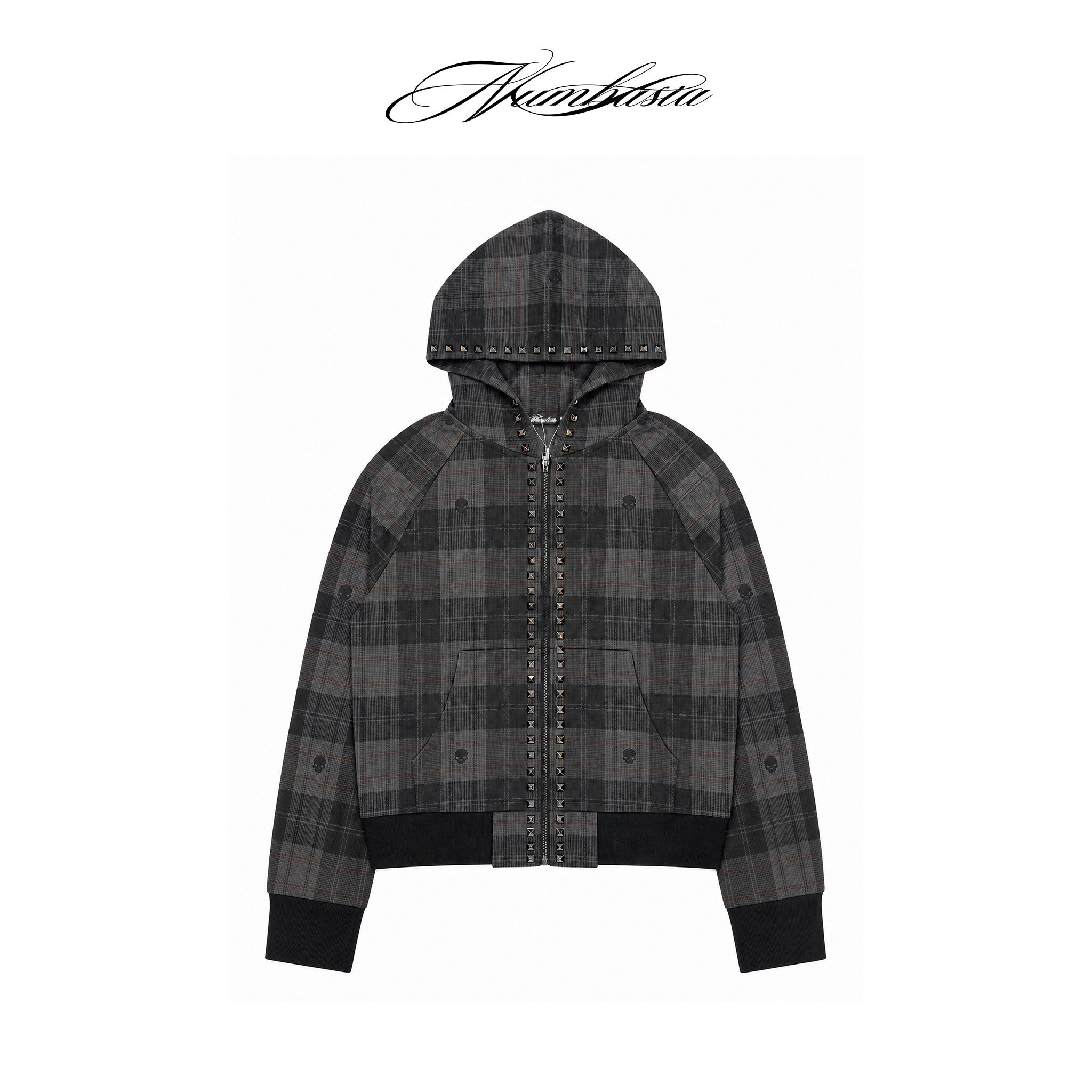 NUMBASIA Skull Plaid Studded Raglan Zip Hoodie — NA0090