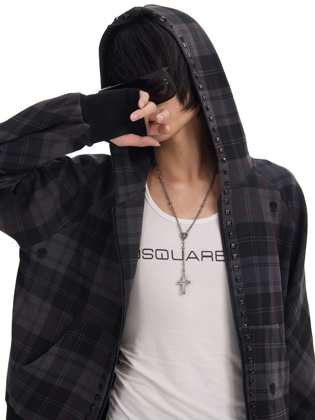 NUMBASIA Skull Plaid Studded Raglan Zip Hoodie — NA0090