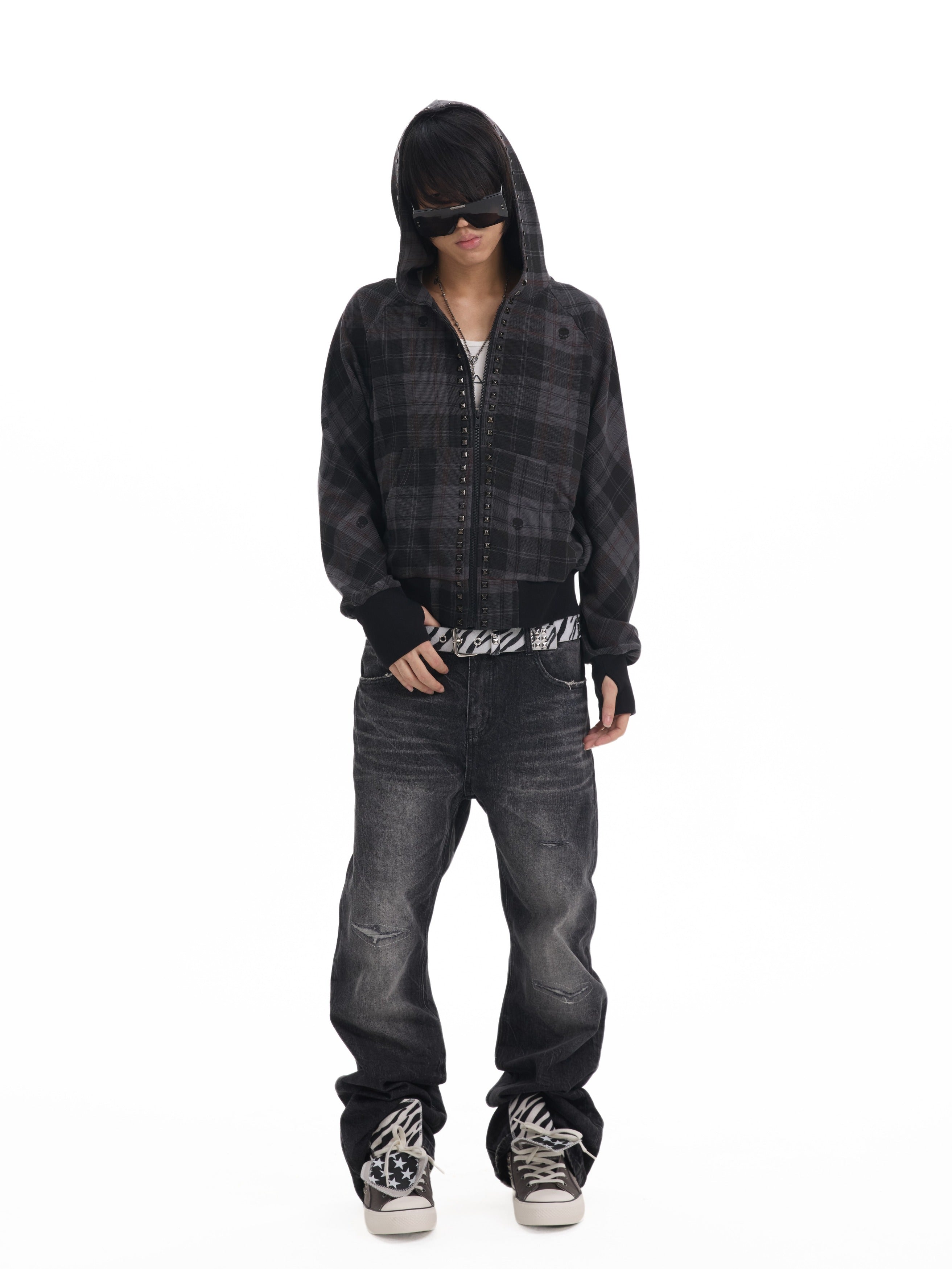 NUMBASIA Skull Plaid Studded Raglan Zip Hoodie — NA0090
