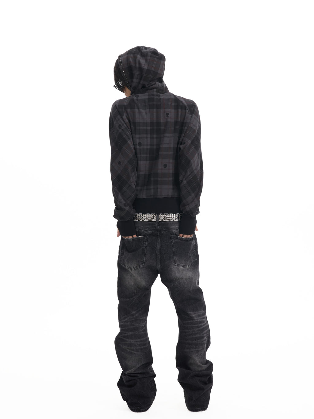 NUMBASIA Skull Plaid Studded Raglan Zip Hoodie — NA0090