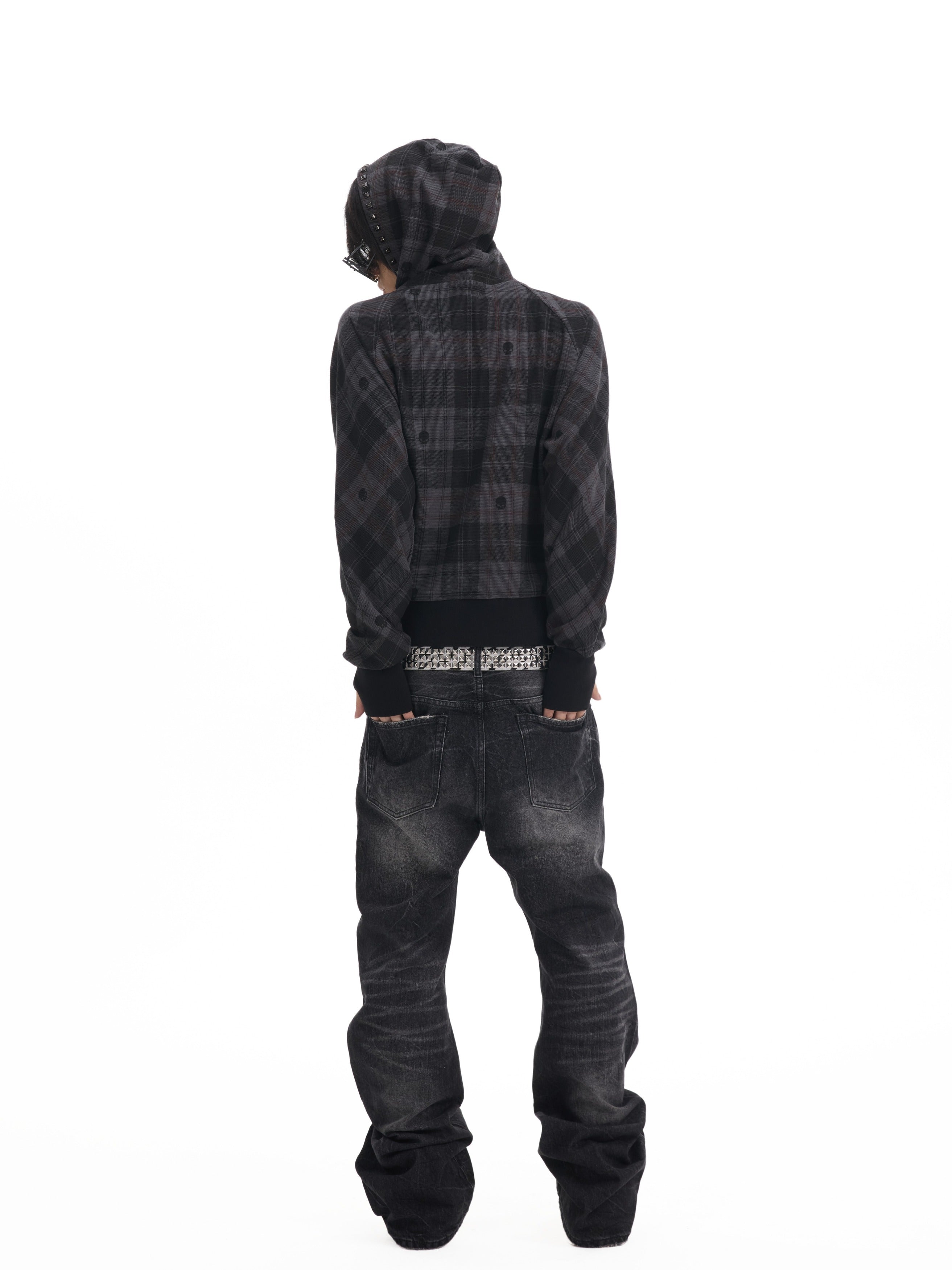 NUMBASIA Skull Plaid Studded Raglan Zip Hoodie — NA0090
