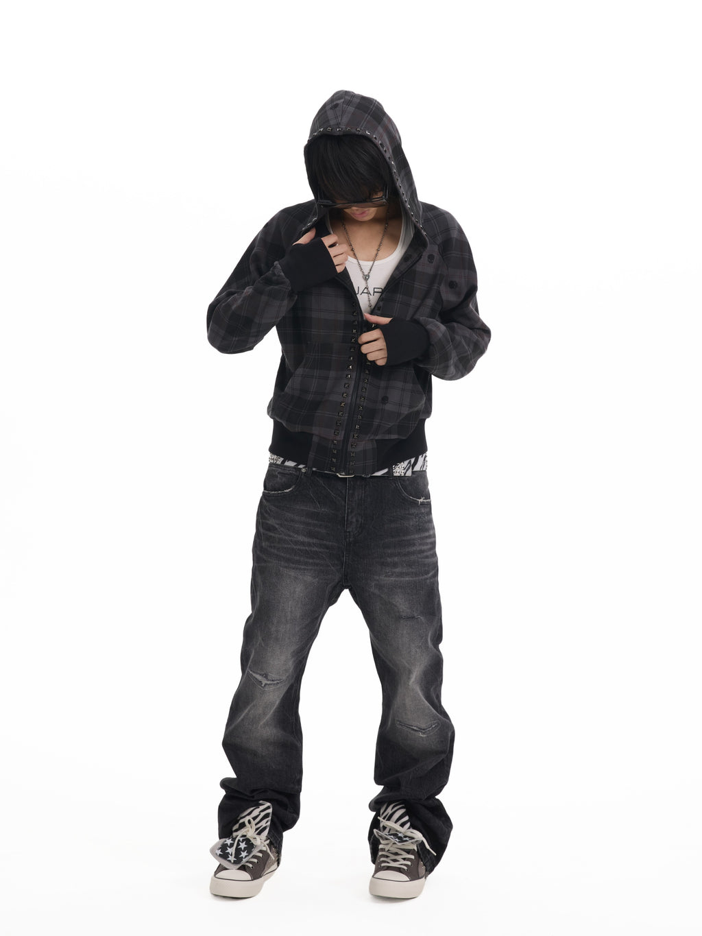 NUMBASIA Skull Plaid Studded Raglan Zip Hoodie — NA0090