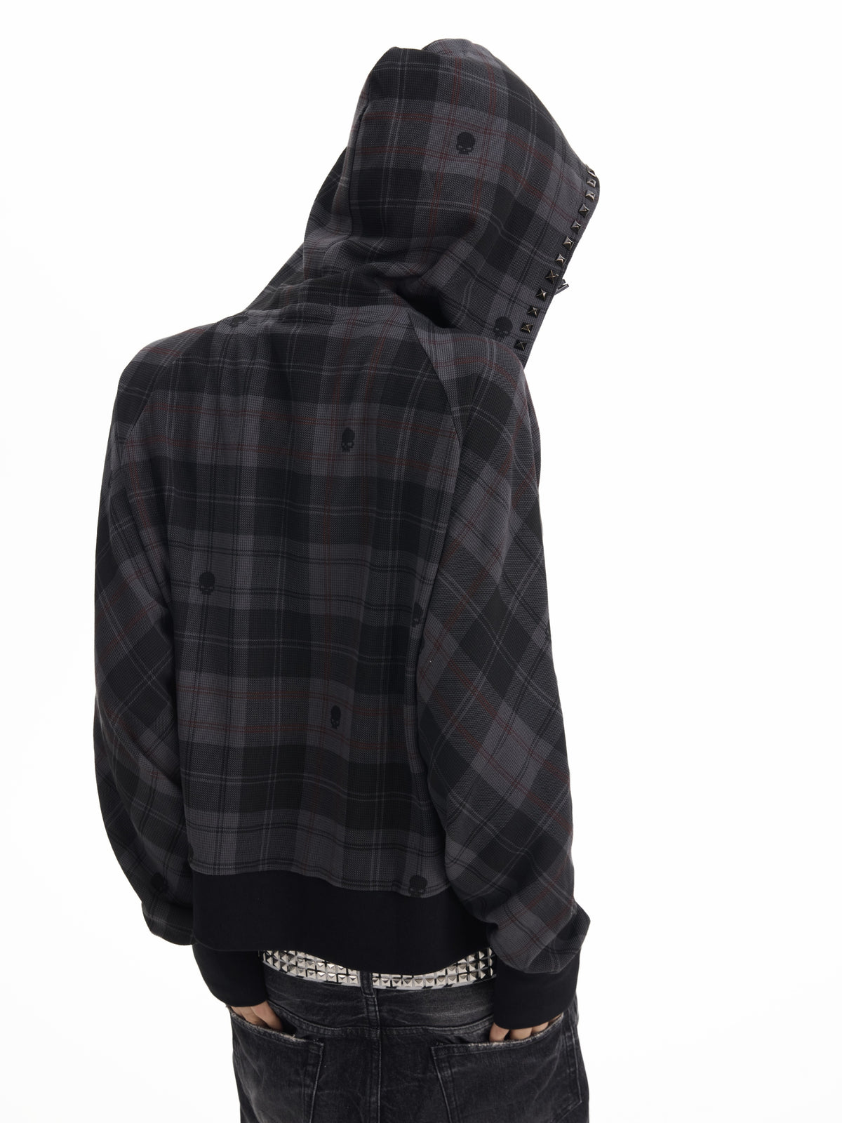 NUMBASIA Skull Plaid Studded Raglan Zip Hoodie — NA0090