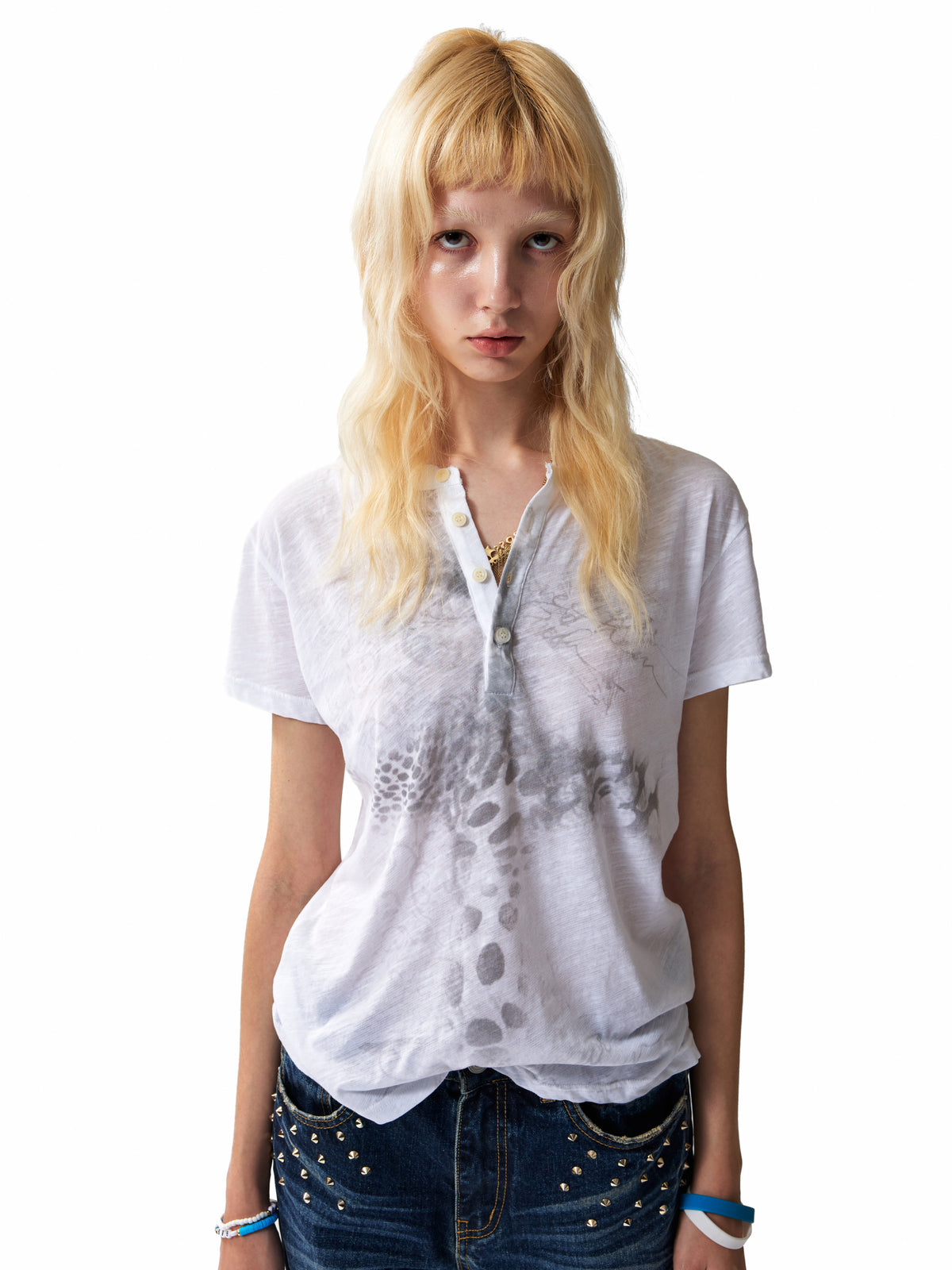 NUMBASIA Leopard Print Slub Henley T-Shirt — studio model view 2