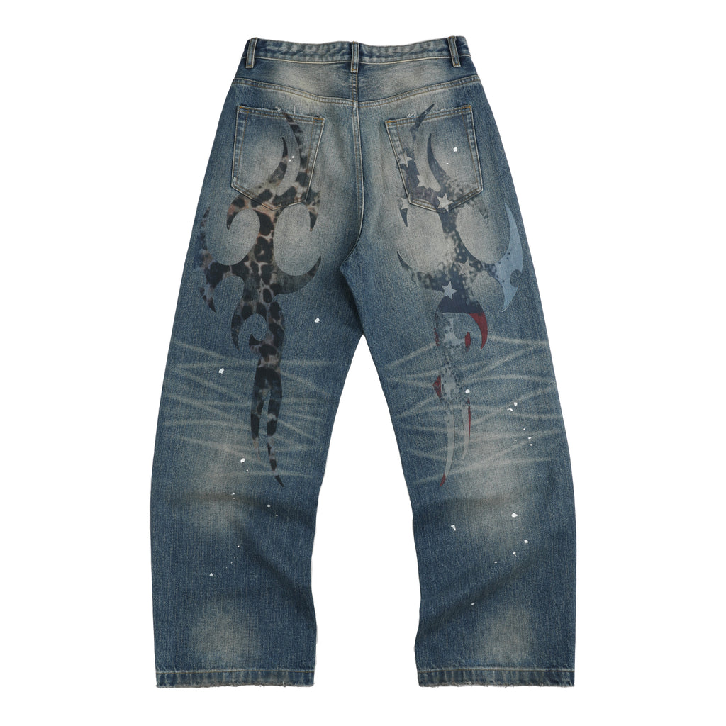 NUMBASIA Distressed Leopard Flag Patch 13oz Baggy Jeans — NA6006A back