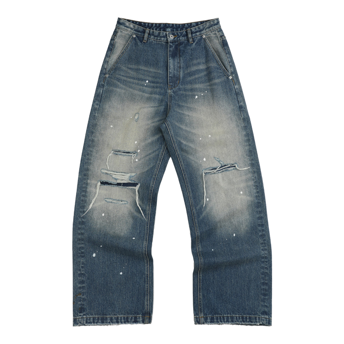 NUMBASIA Distressed Leopard Flag Patch 13oz Baggy Jeans — NA6006A front