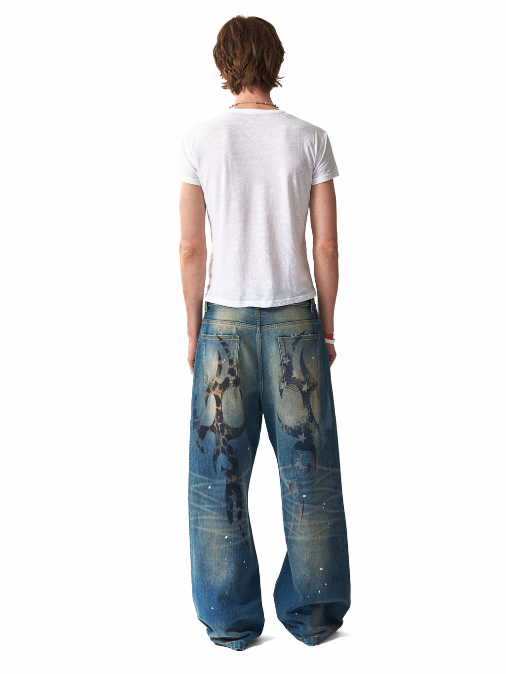 NUMBASIA Distressed Leopard Flag Patch 13oz Baggy Jeans — studio model view 5