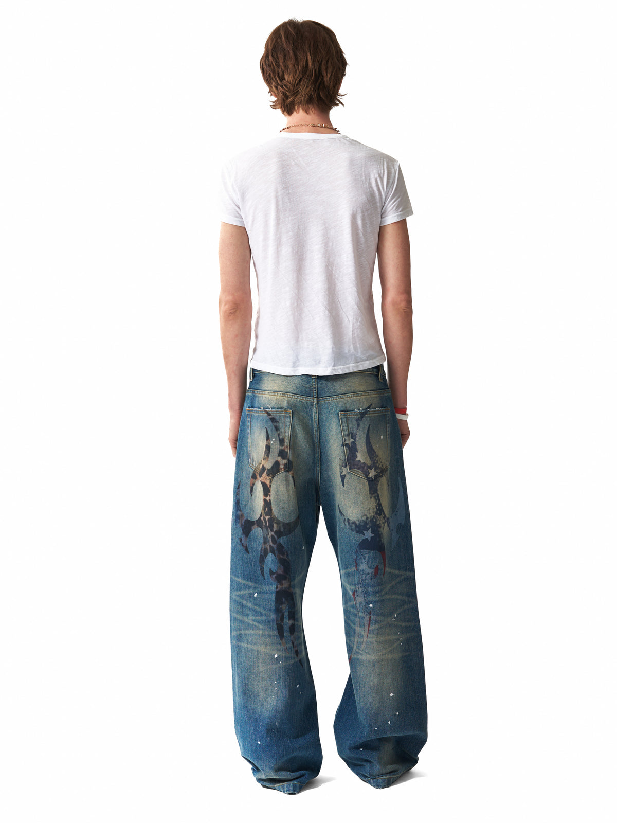 NUMBASIA Distressed Leopard Flag Patch 13oz Baggy Jeans — studio model view 5