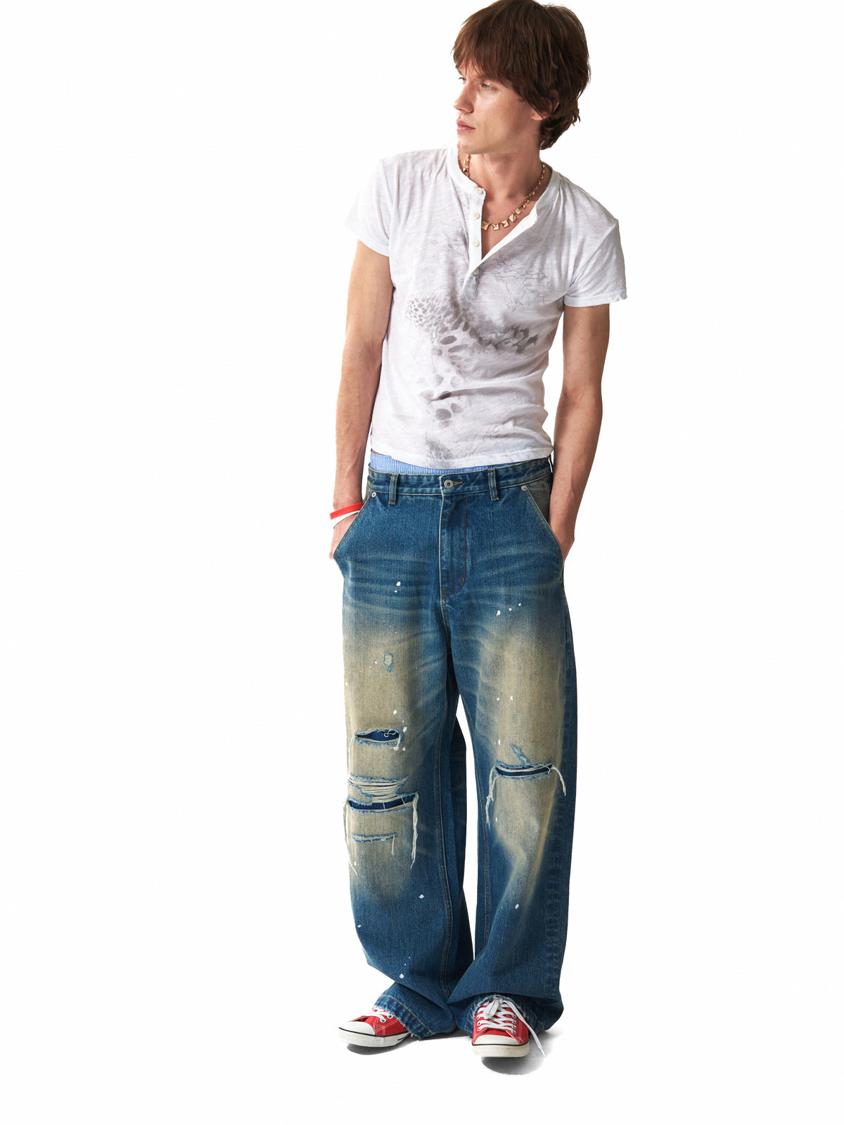 NUMBASIA Distressed Leopard Flag Patch 13oz Baggy Jeans — studio model view 4