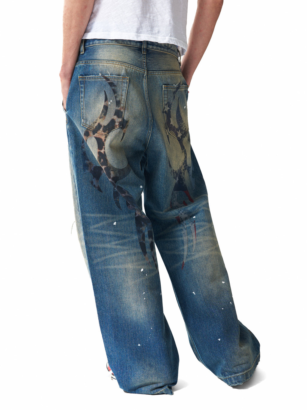 NUMBASIA Distressed Leopard Flag Patch 13oz Baggy Jeans — studio model view 2
