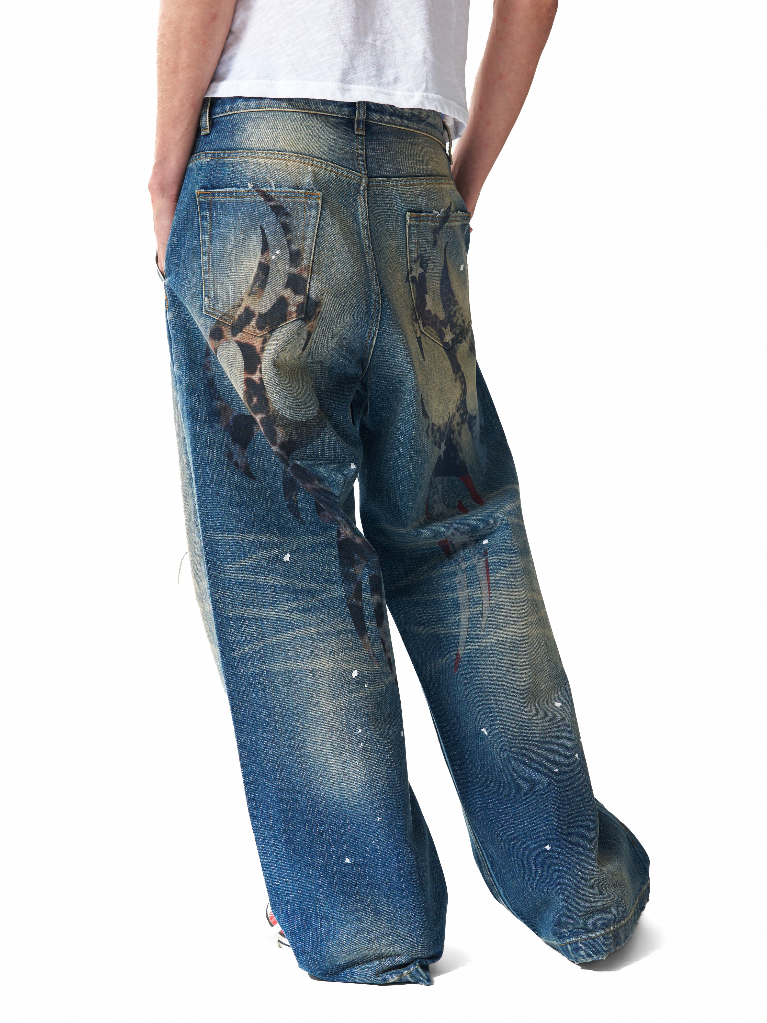 NUMBASIA Distressed Leopard Flag Patch 13oz Baggy Jeans — studio model view 2