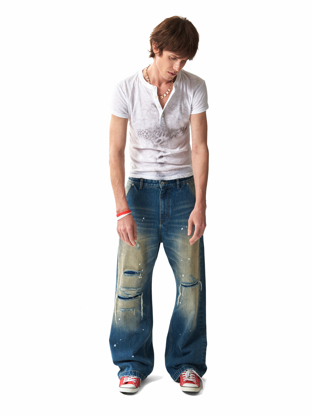 NUMBASIA Distressed Leopard Flag Patch 13oz Baggy Jeans — studio model view 3