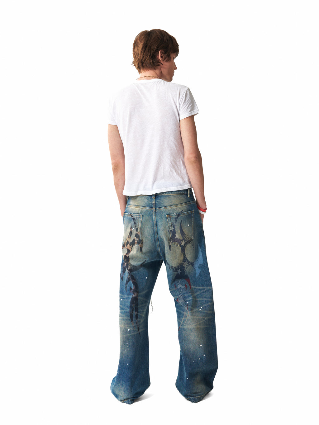NUMBASIA Distressed Leopard Flag Patch 13oz Baggy Jeans — studio model view 1