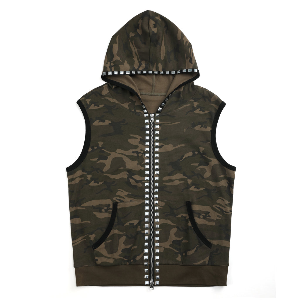 NUMBASIA Studded Camo Hooded Zip Vest — NA6007A front