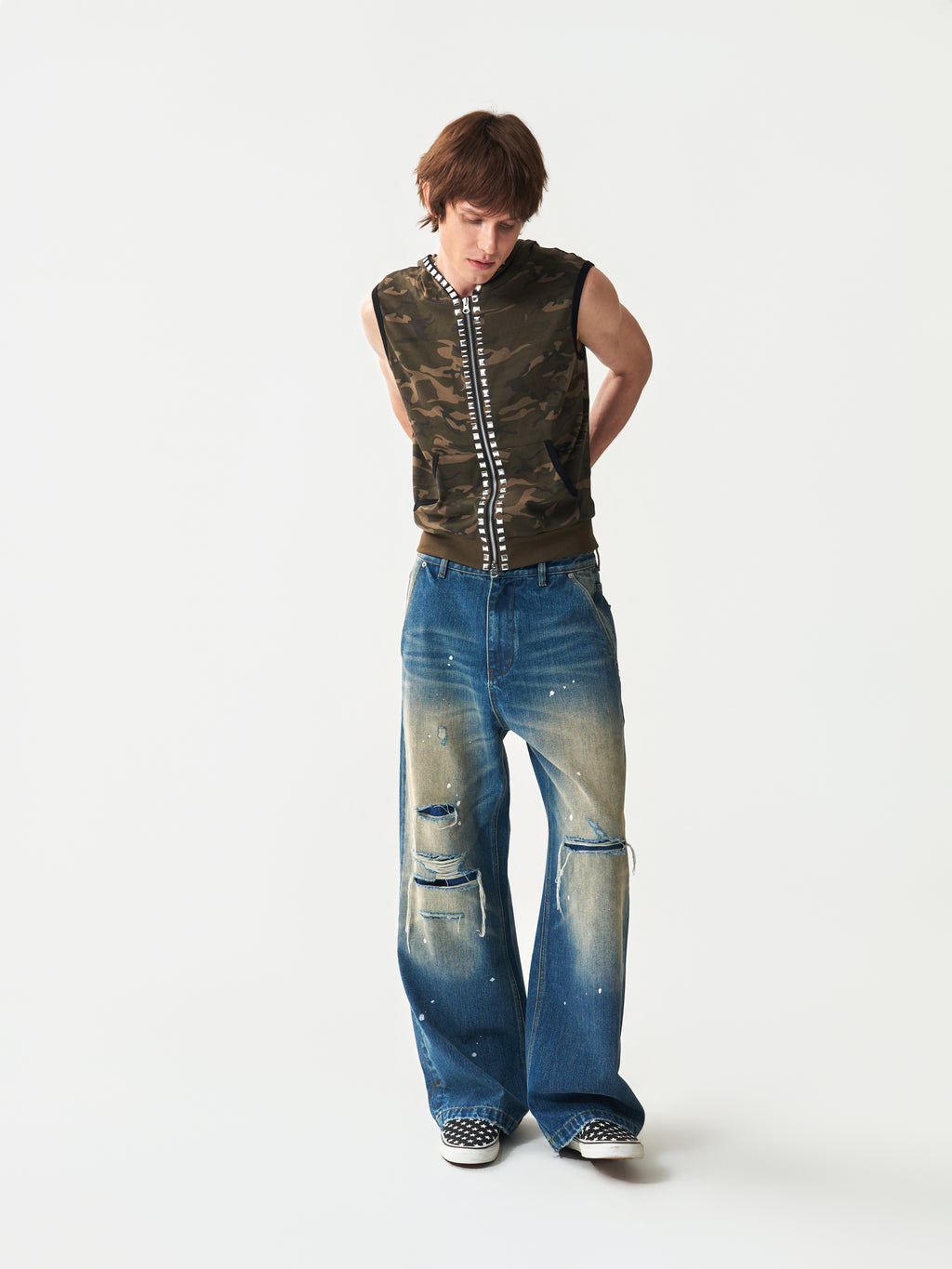 NUMBASIA Studded Camo Hooded Zip Vest — studio model view 5