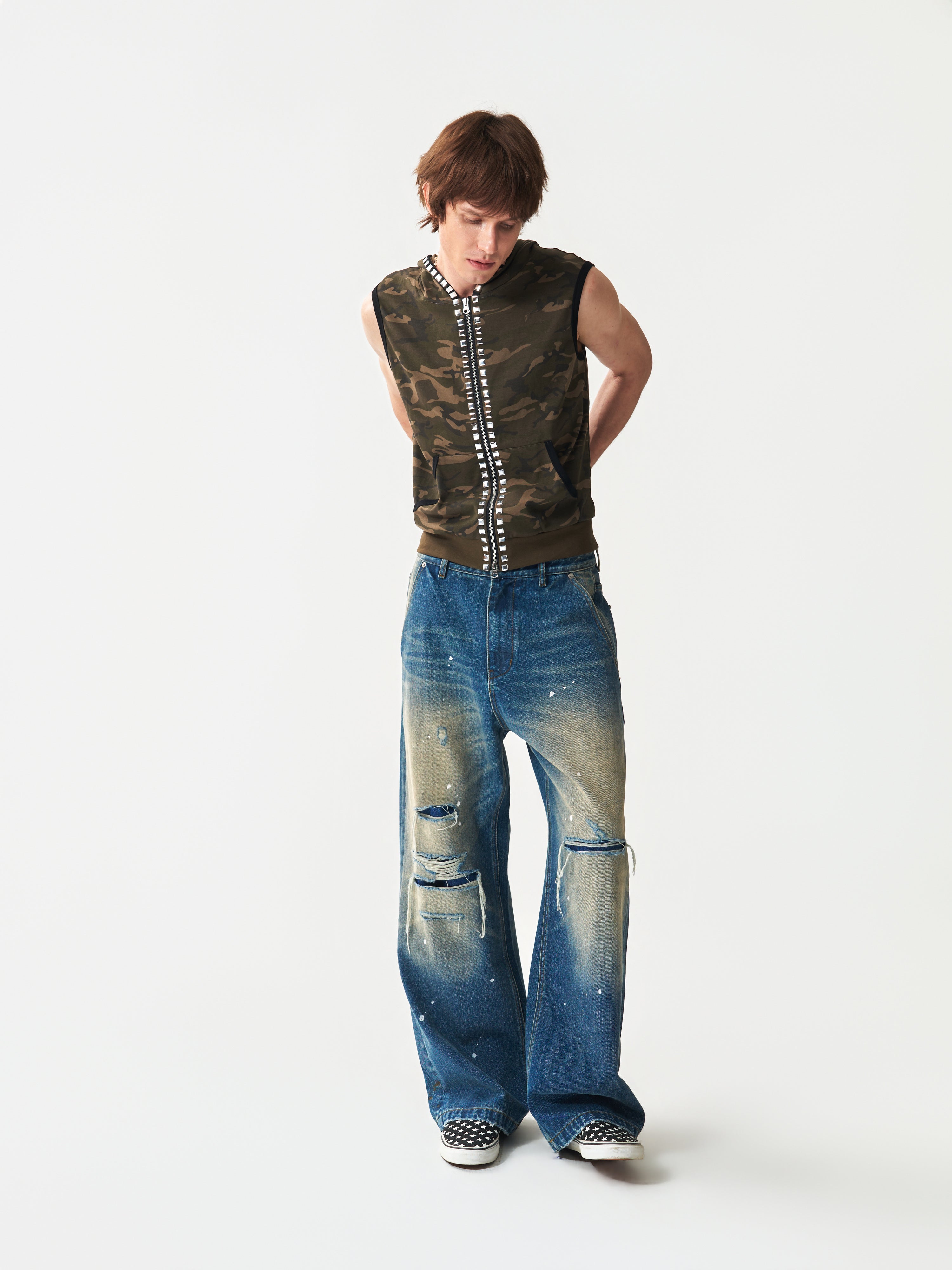 NUMBASIA Studded Camo Hooded Zip Vest — studio model view 5