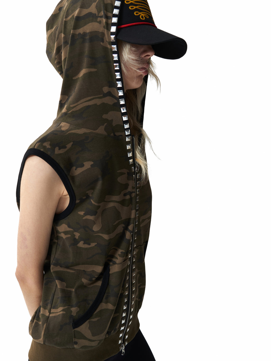 NUMBASIA Studded Camo Hooded Zip Vest — studio model view 3