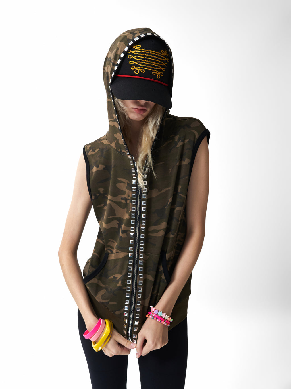NUMBASIA Studded Camo Hooded Zip Vest — studio model view 2
