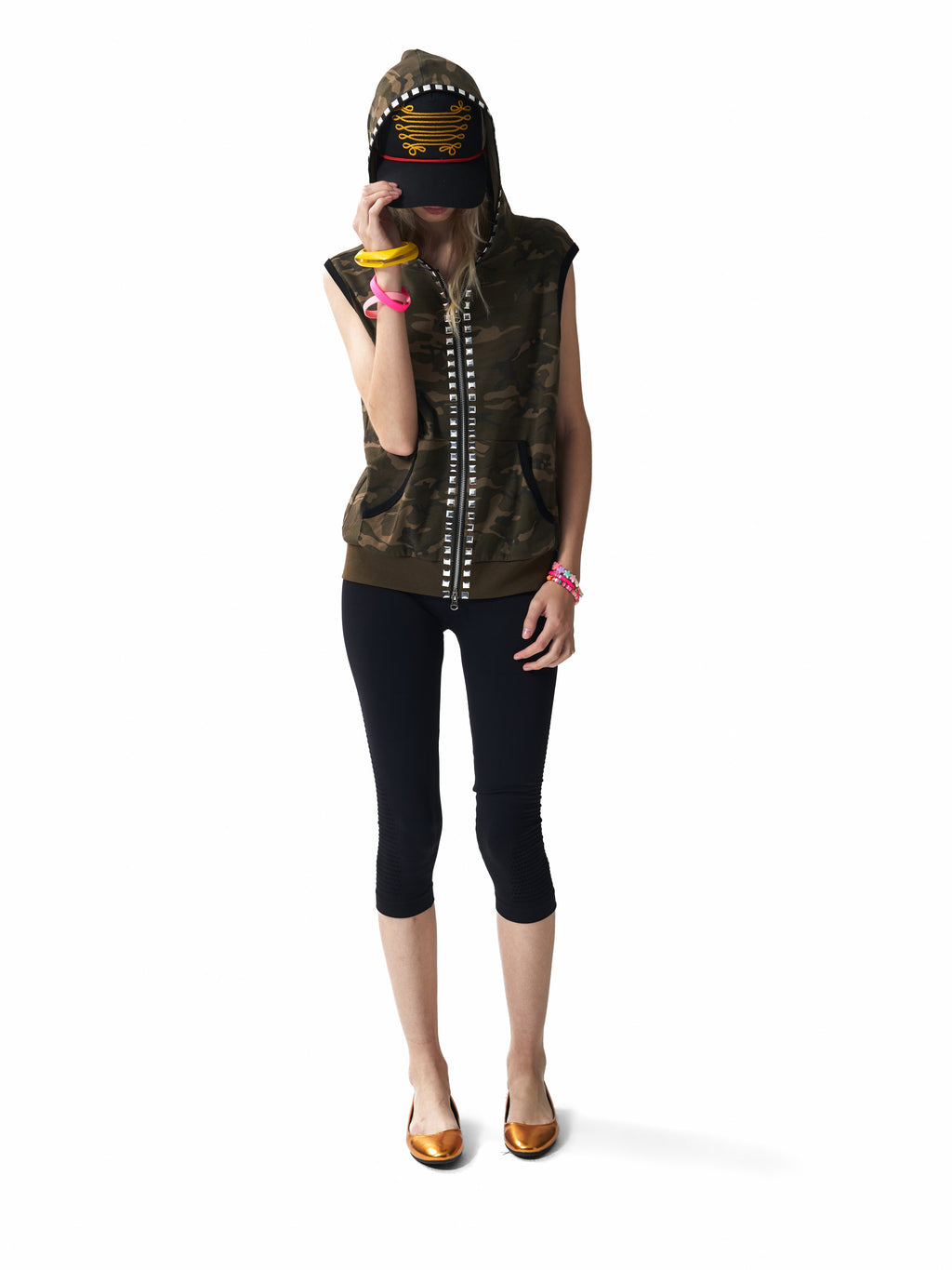 NUMBASIA Studded Camo Hooded Zip Vest — studio model view 1