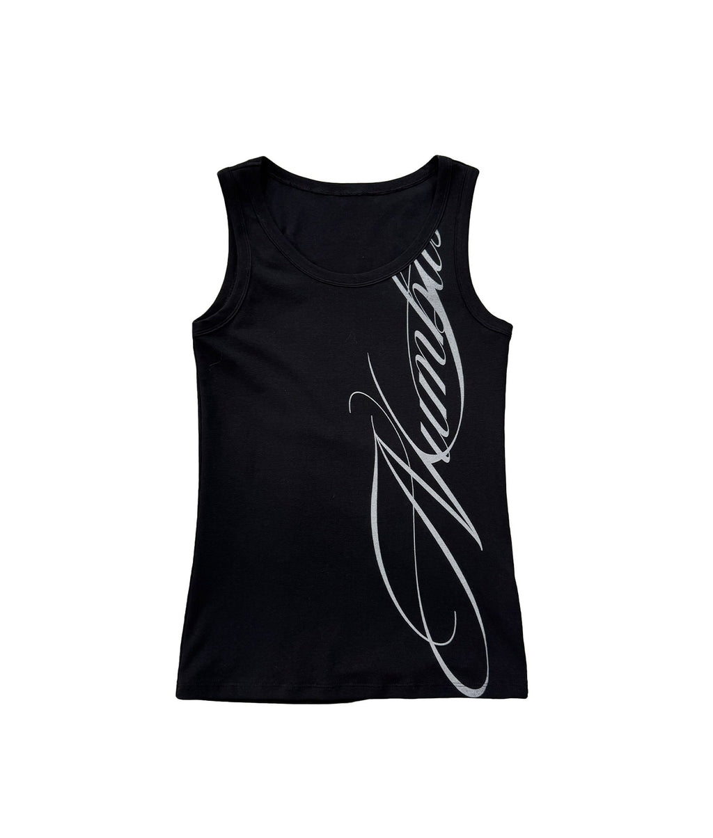 NUMBASIA Script Print Stretch Tank Top — white-background product view